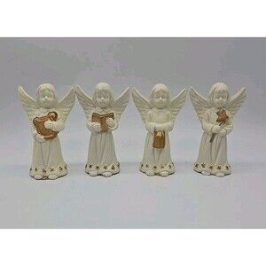 Angels Set of 4 Bisque &  Gold Holding Various Items Figurines Christmas Decor